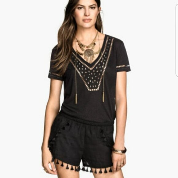 H&M Concious - Black Rayon Short with Tassel Detail - Size 6 - Picture 1 of 5